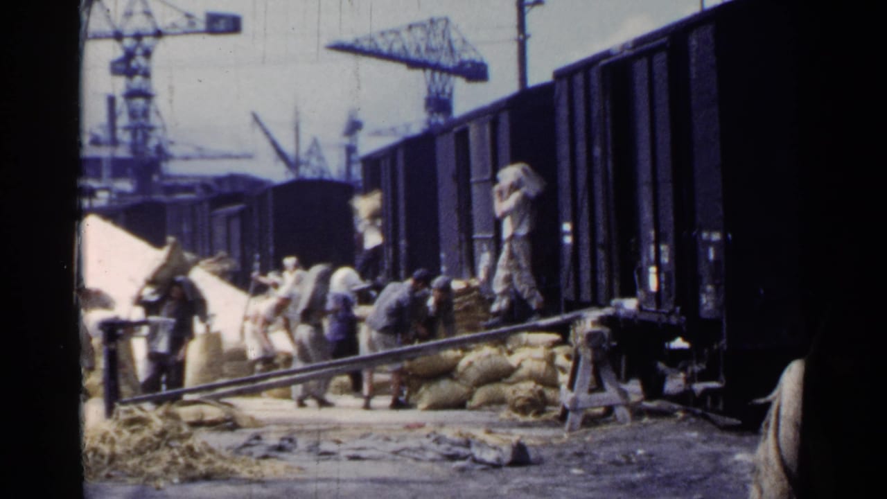 Workers carry large sacks up a ramp beside open freight cars at a dock.