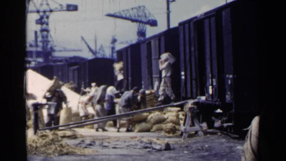 1953 Japan footage shows men loading large sacks from a pile into open freight cars with dock cranes in the background.