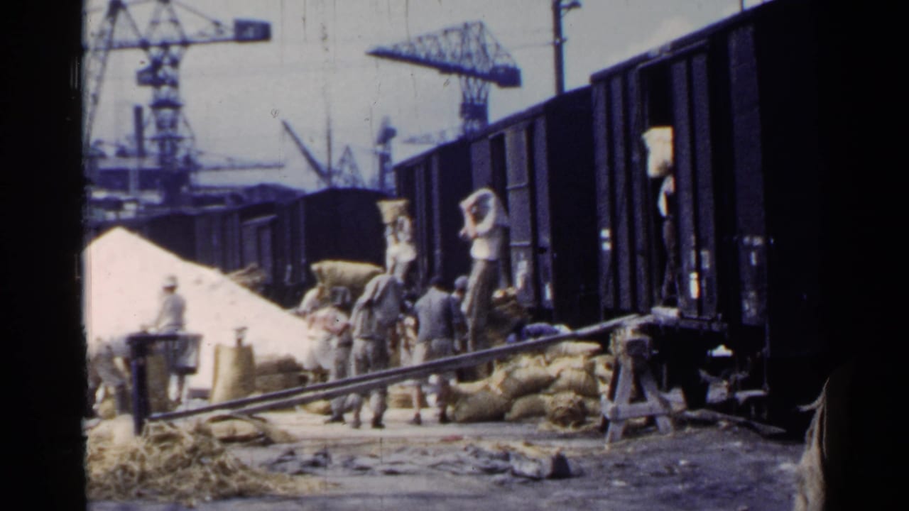 Men in work clothes carry heavy sacks near open railcars at an industrial port in Japan, with cranes visible behind them.