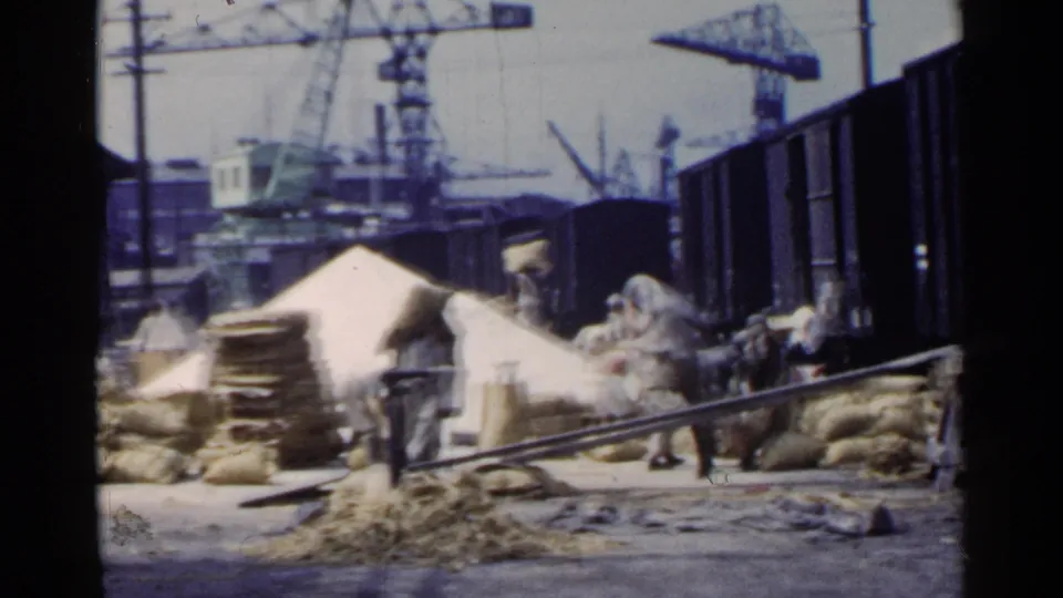 The frame shows a large pile of sacks beside open freight cars, with workers and port cranes visible in the 1953 Japan scene.