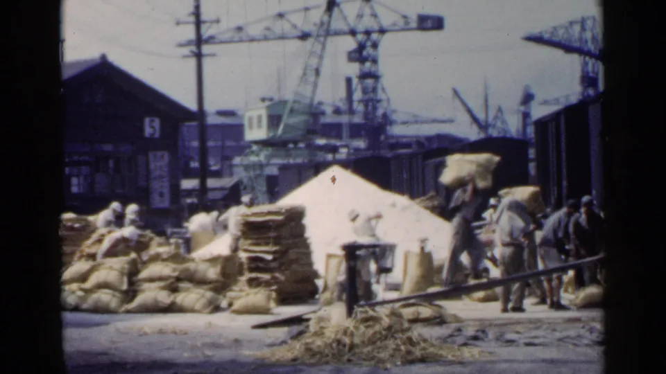 Men load sacks beside freight cars at a Japanese industrial port, with cranes, utility poles, and a dock building in view.