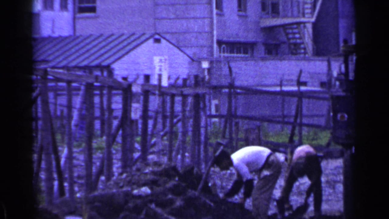 Two workers bend over a soil pile beside a wooden fence and simple buildings.