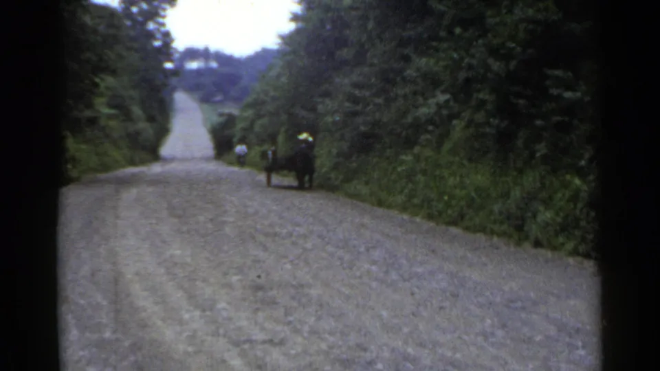 From farther back, the 1953 Japan footage shows the man and loaded cart on a rising gravel road bordered by dense vegetation.