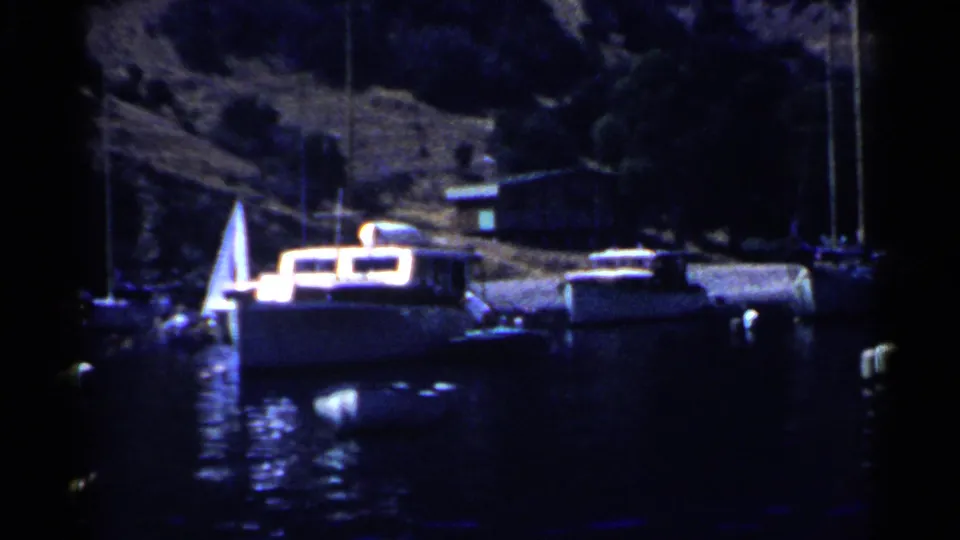 1955 California harbor view with moored pleasure boats, sailboat masts, and a dim wooded shoreline.