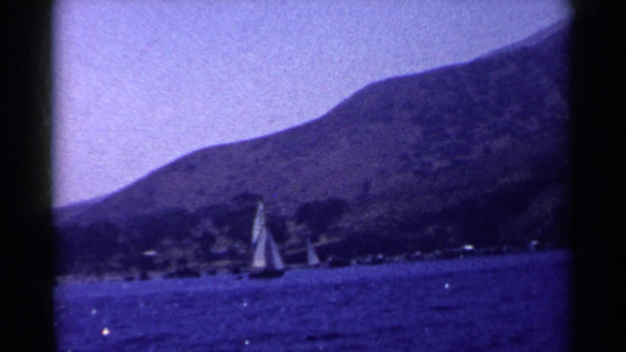 Sailboat near the center of the water with shoreline trees and a mountain in the background.