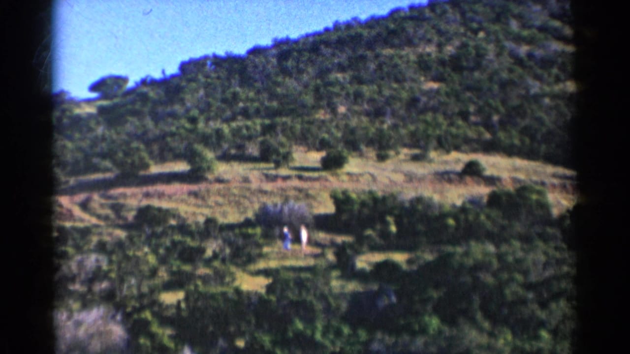Two small figures walking below a shrub-covered hillside under blue sky.