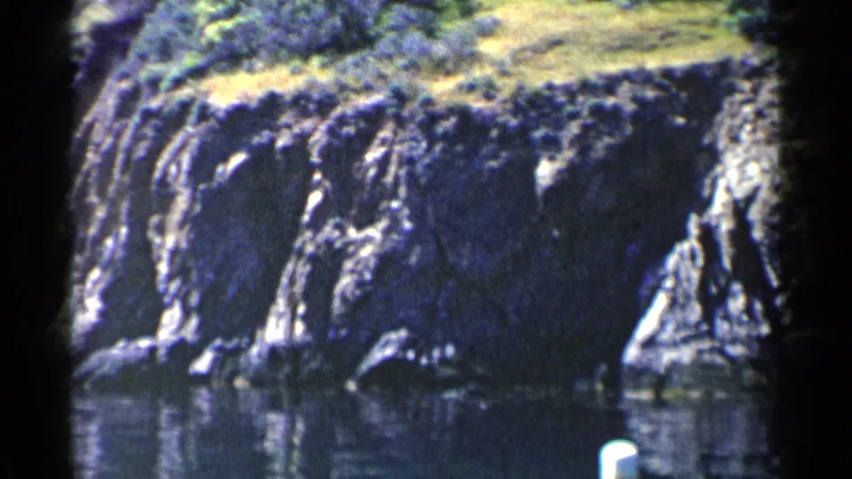 1955 California home-movie frame of a rocky cove wall, low vegetation, dark water reflections, and a small white post or marker near the shoreline.