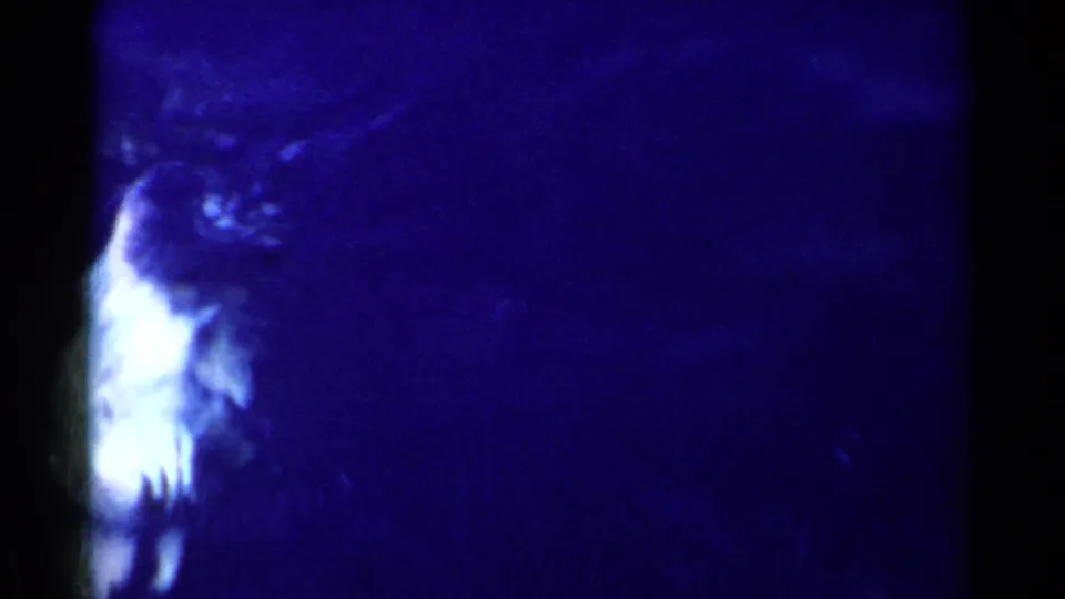 1955 California 8mm frame showing a pale fish shape near the surface in deep blue water, partially obscured by film exposure and motion.