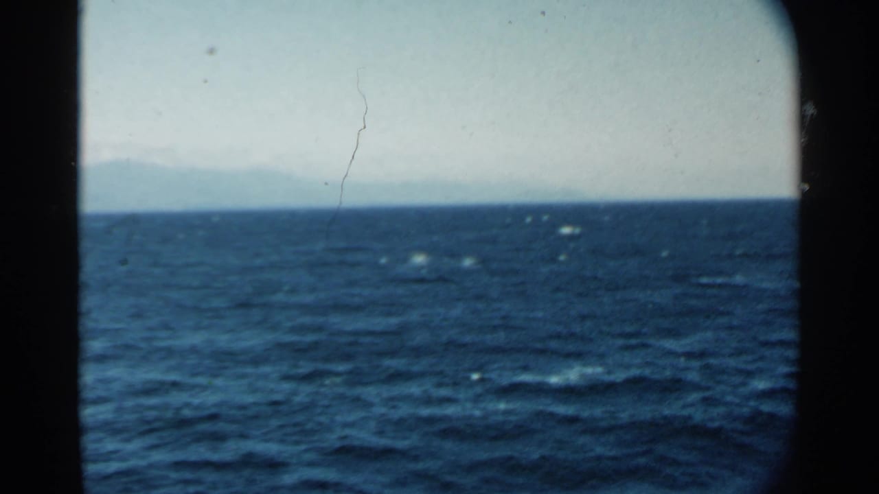 Open ocean with small whitecaps, pale sky, distant horizon, and visible film dust.