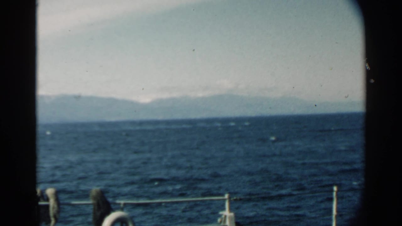 Ocean seen from a ship deck with railing, life preserver edge, and distant mountains.