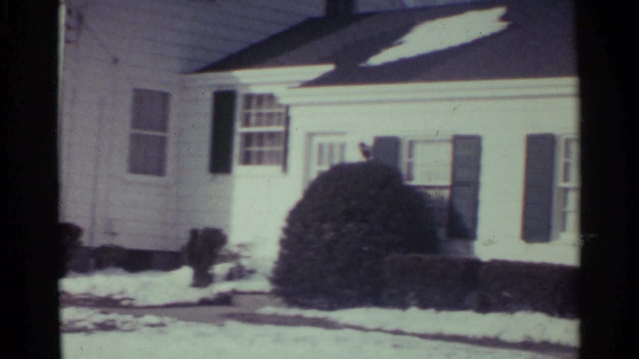 White suburban house with dark shutters, snow on the ground, and shrubs near the front wall.