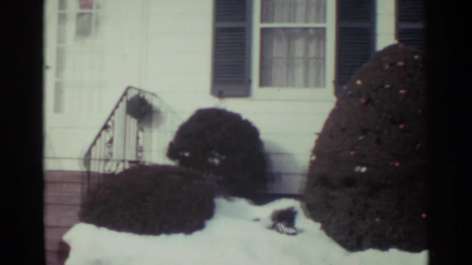 1959 Ohio frame with snow-covered landscaping beside a white house, including a rounded shrub, dark shutters, and curtained windows.