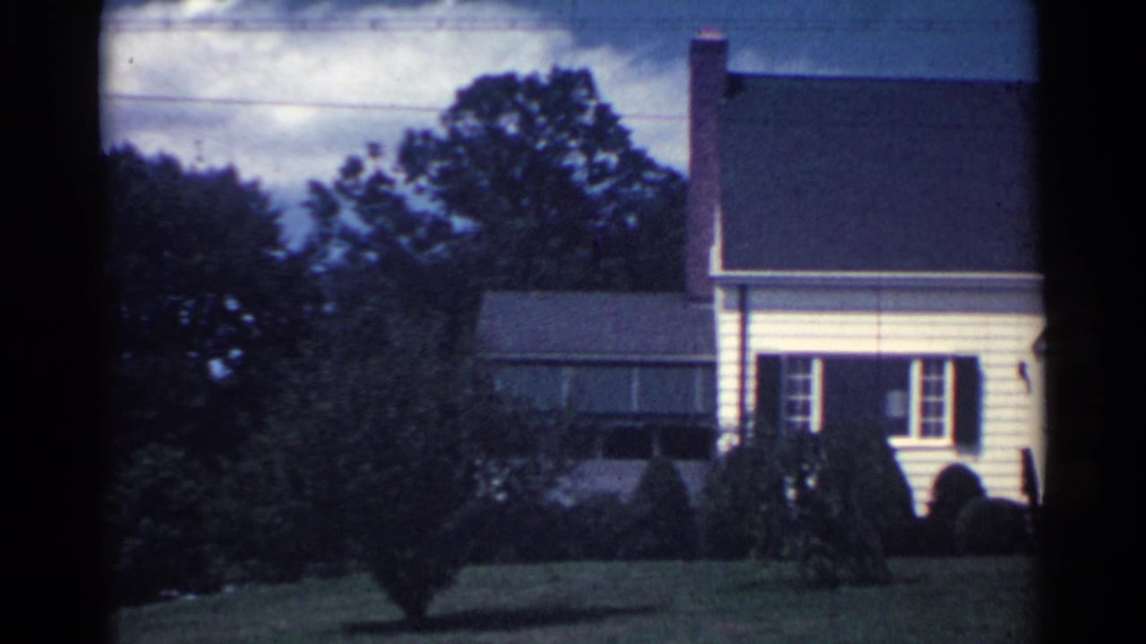 Suburban house with white siding, dark shutters, shrubs, lawn, and trees.