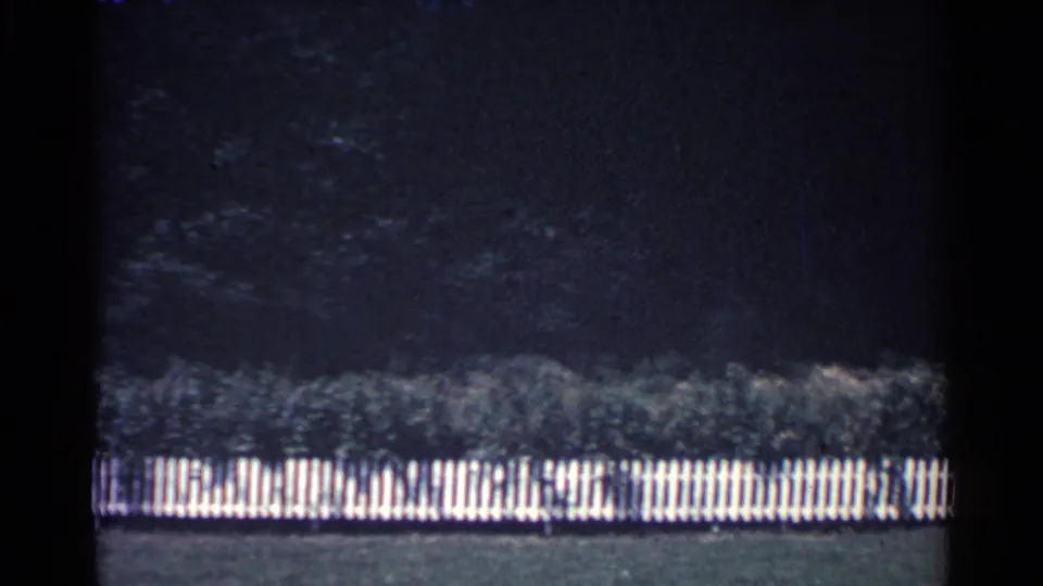 1959 Ohio 8mm frame with motion-blurred fence posts, green lawn, shrubs, and a shadowed tree line.