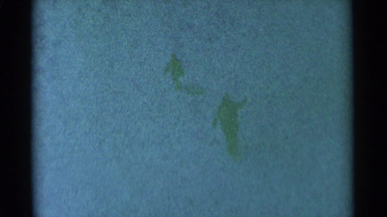 Two distant bundled figures appear against a snow-covered South Dakota landscape in 1959 home-movie footage.