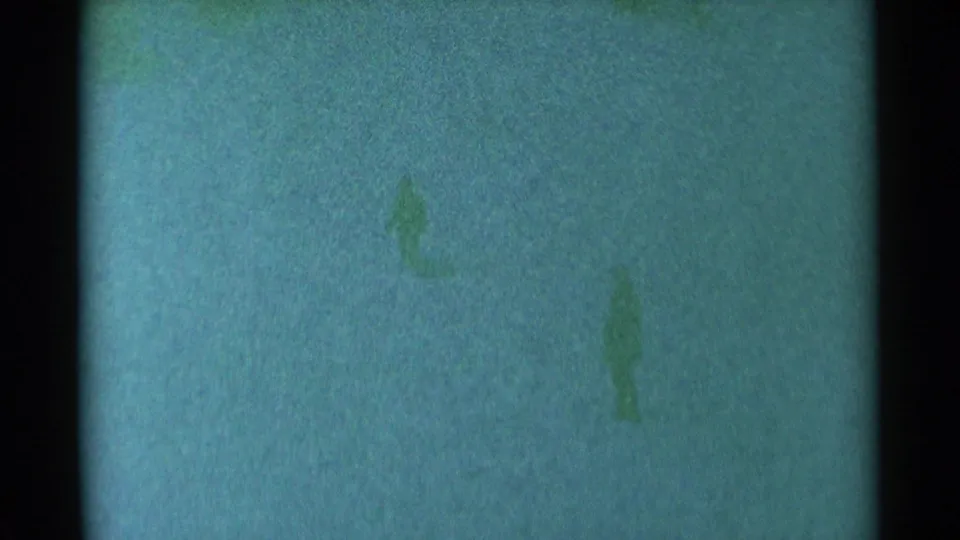 A bundled figure is faintly visible in the lower portion of a grainy South Dakota winter home-movie frame.