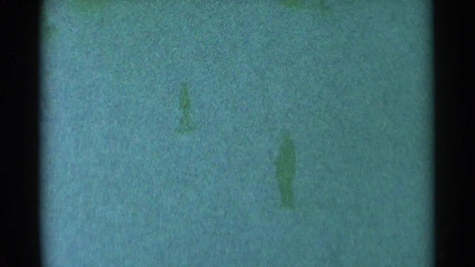 Two distant walkers remain visible near the lower edge of the 1959 South Dakota snow scene, softened by 8mm grain.