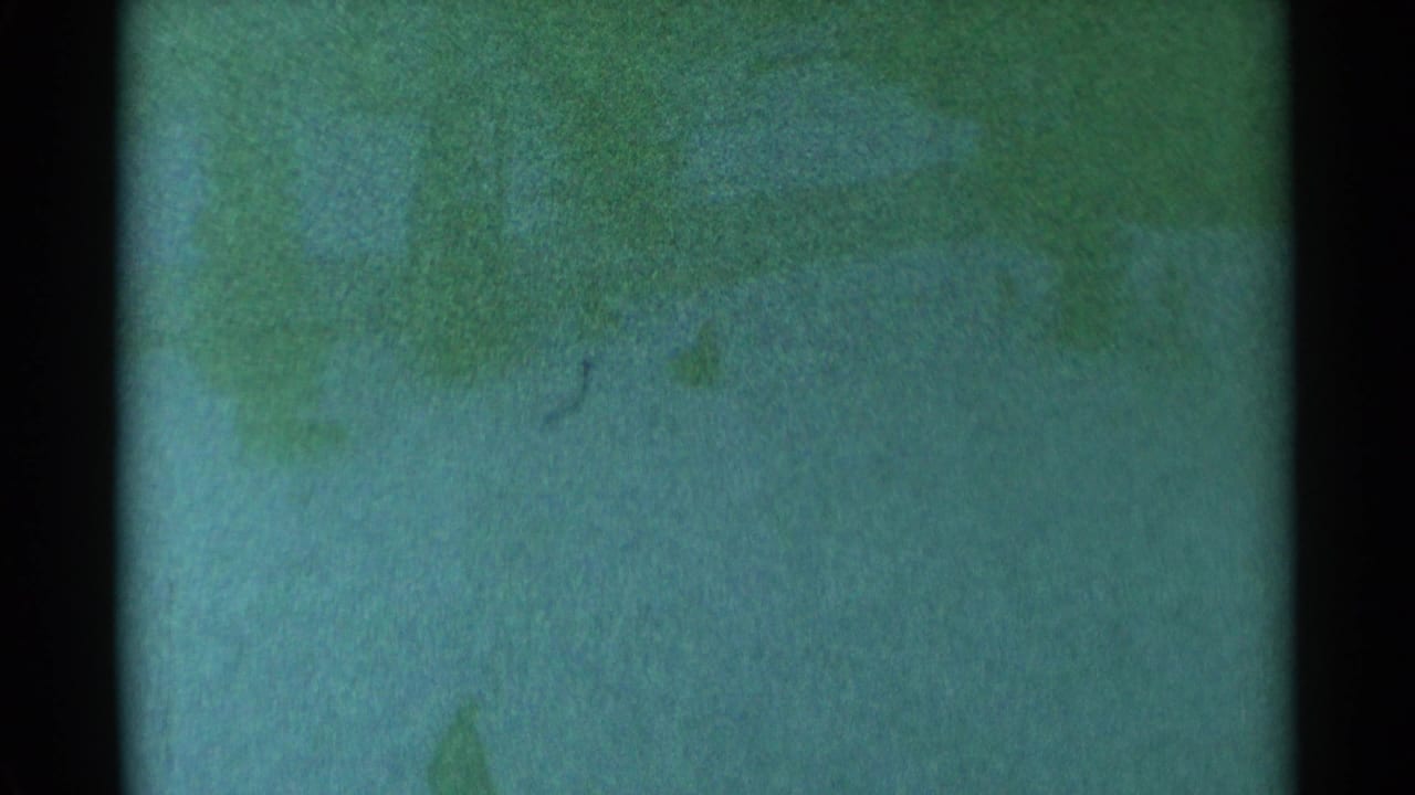 Snowy hillside with a faint figure near the lower center and dark frame edges.