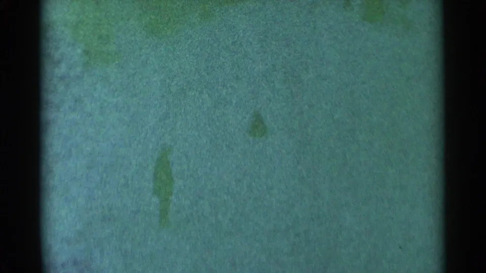 A distant person appears on a snowy hillside in this soft, green-tinted 1959 South Dakota home-movie frame.