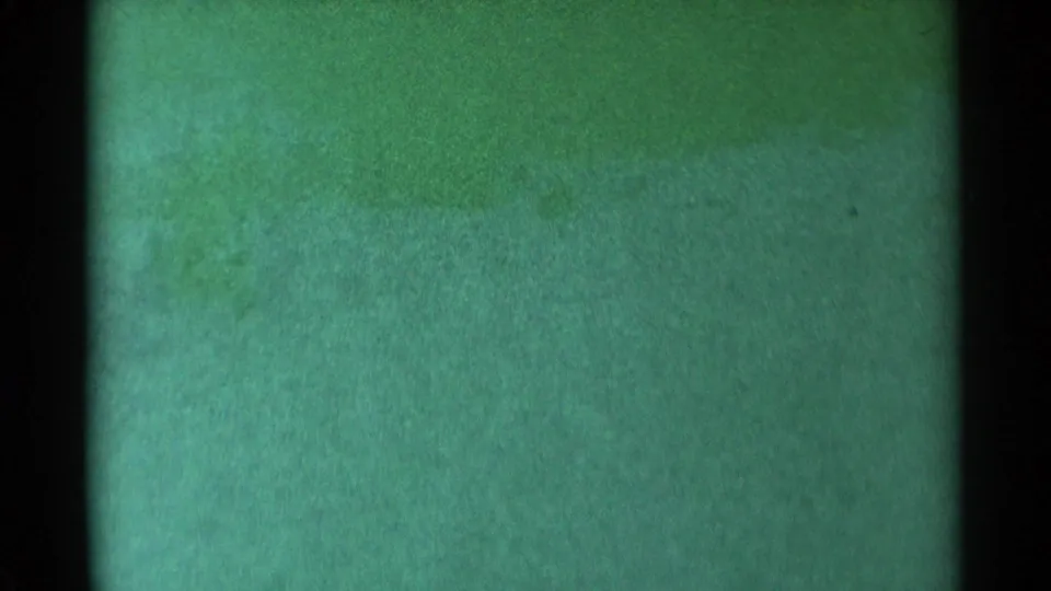 1959 South Dakota source frame appears as green-cast 8mm film texture with dark vertical borders and no discernible sledder or landscape detail.