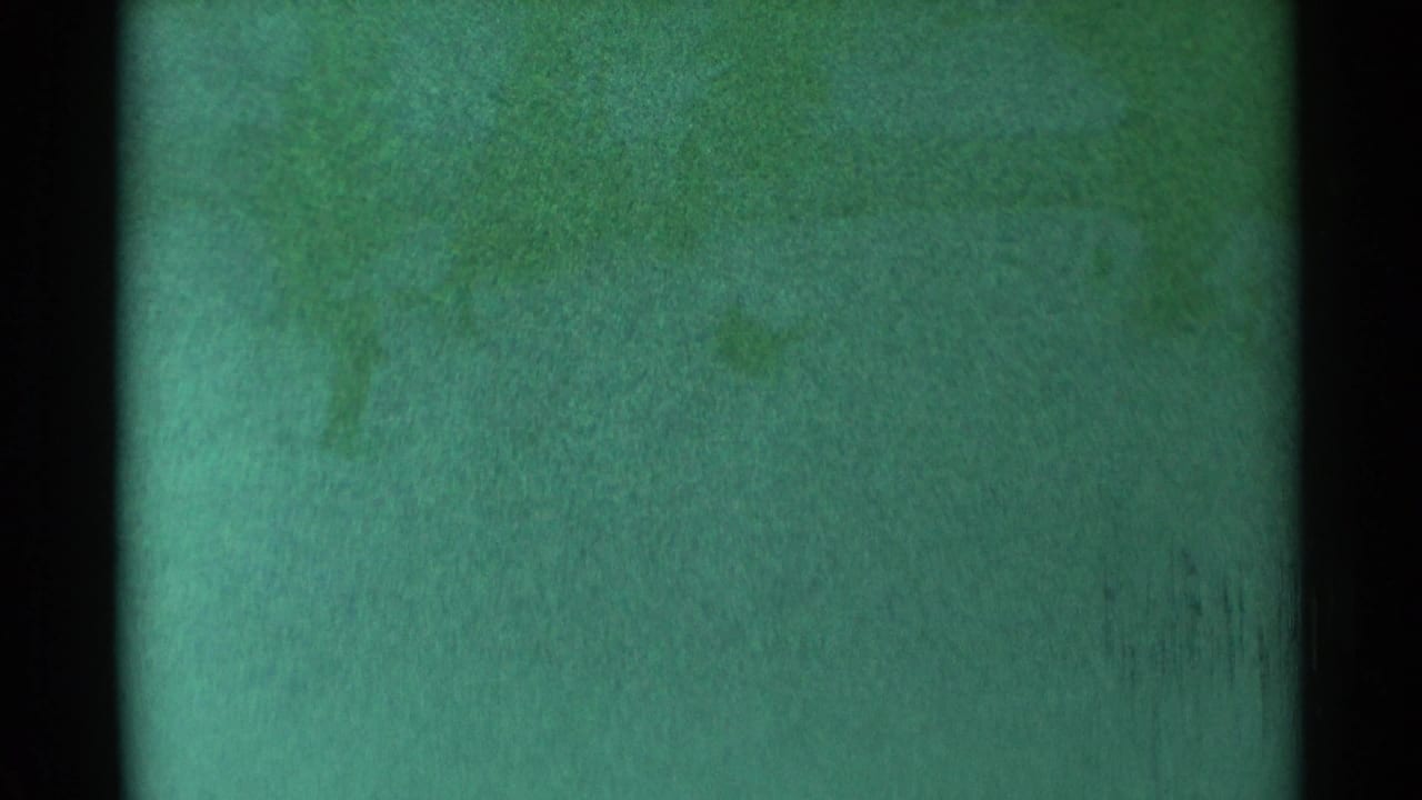 Green-tinted snowy surface with heavy grain and dark film borders.