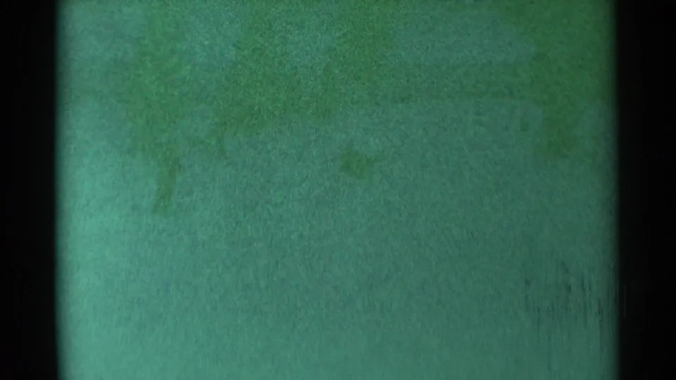1959 South Dakota 8mm frame with a green-tinted snowy field, soft focus, grain, and dark vertical film edges.