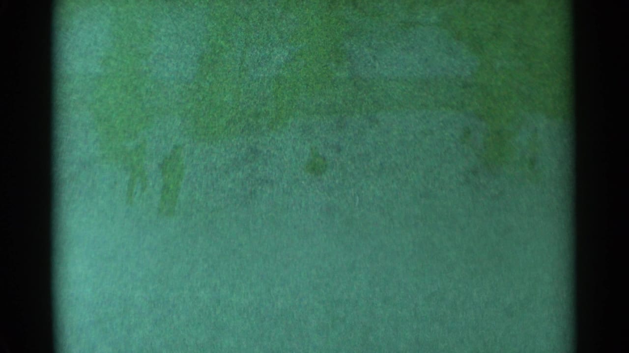 Green-tinted obscured film frame with dark edges and faint surface marks.