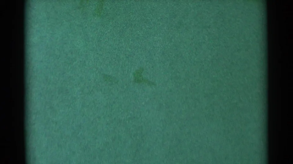 Obscured South Dakota 1959 home-movie frame with green tint, horizontal exposure banding, dark edges, and no identifiable subjects.