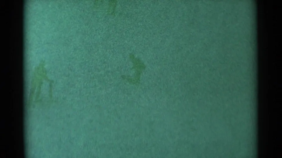 Green-tinted 8mm frame with distant people barely visible against South Dakota snow.