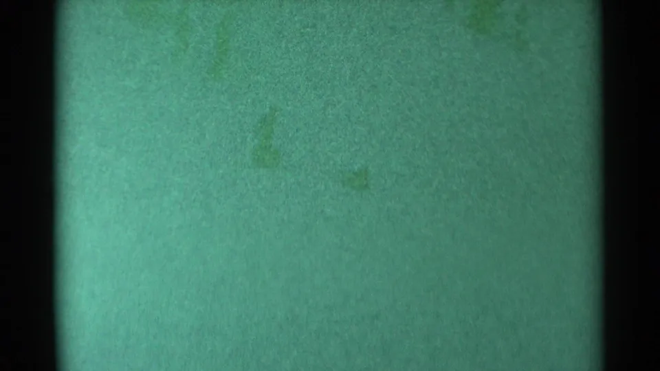 1959 South Dakota 8mm frame with green fading, grain, scratches, and an indistinct outdoor water surface.