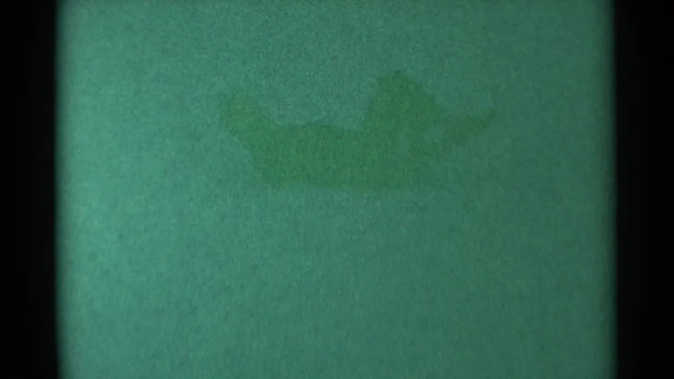 A green-tinted 1959 South Dakota home-movie frame shows a distant dark figure on a snowy slope.