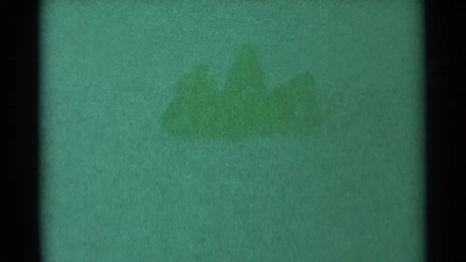 A distant sledding figure appears on a green-tinted snowy hill in South Dakota home-movie footage from 1959.