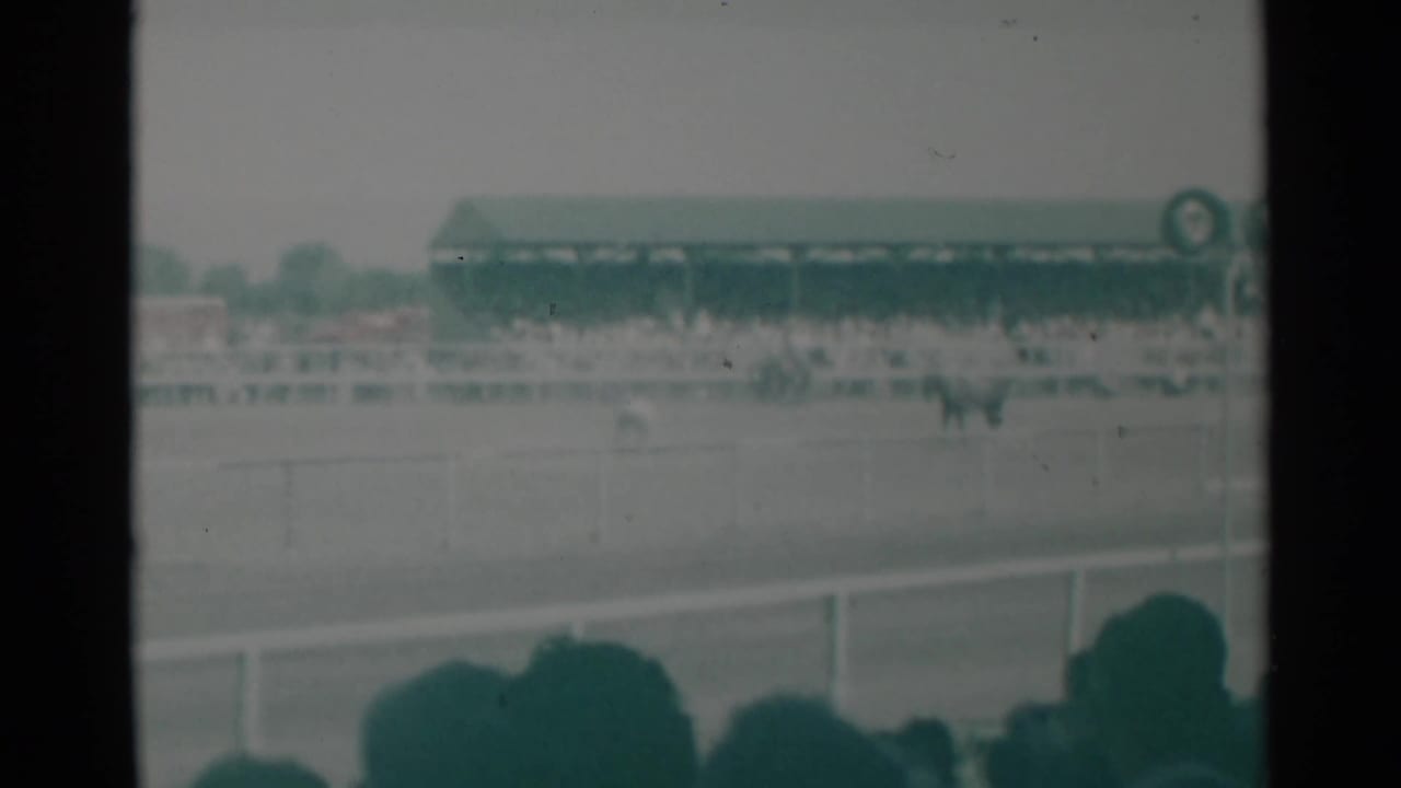 Horse race seen across a track with spectators and a green-roofed grandstand beyond.