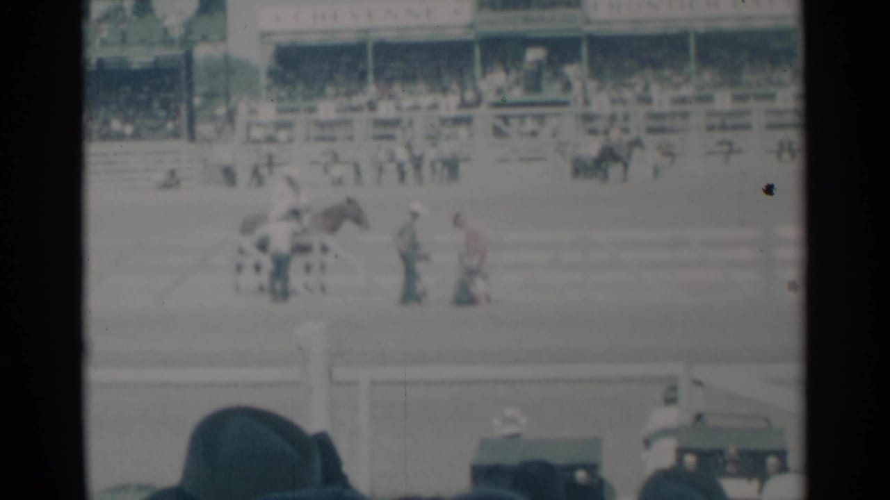 Horse and several people stand in a rodeo arena with grandstands and foreground spectators visible.