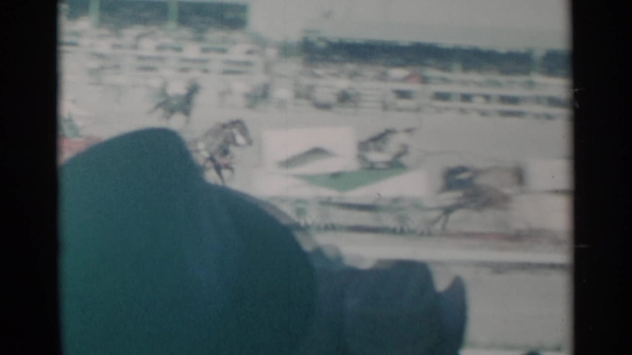 Blurred horse-drawn carts race past a track rail with a spectator head in front.