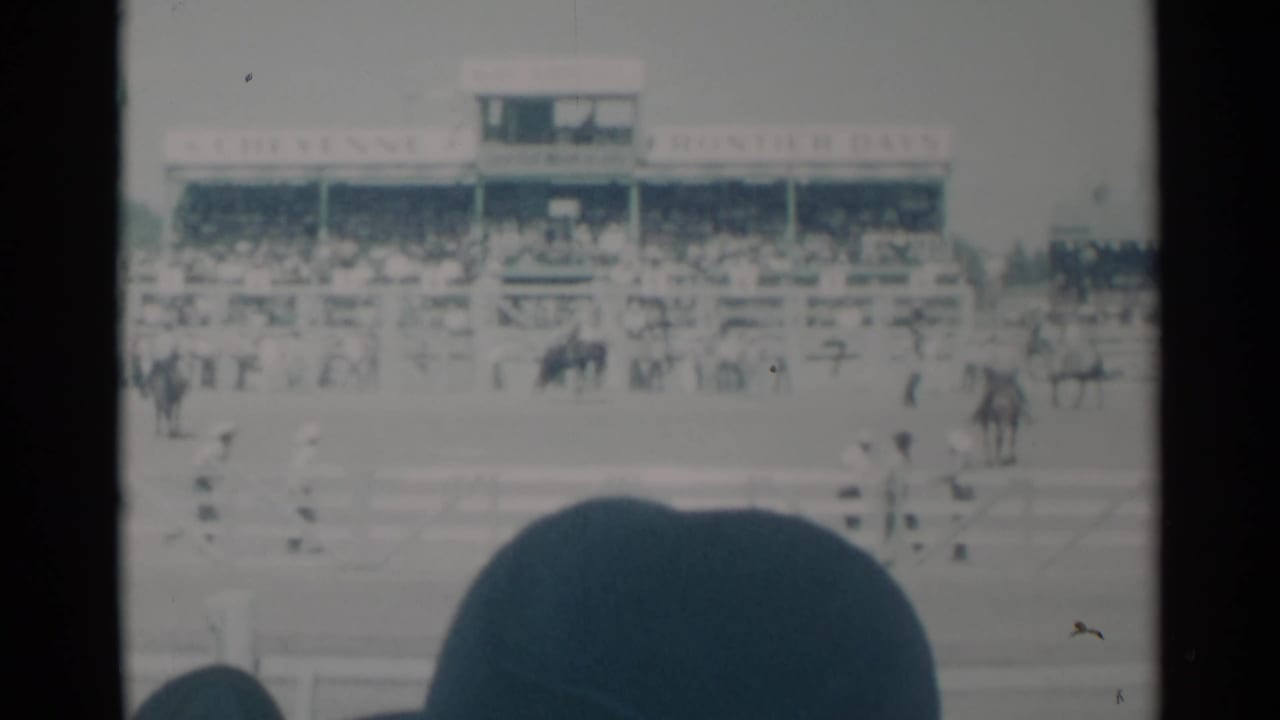 Rodeo arena with a dark horse bucking before grandstands and foreground spectators.