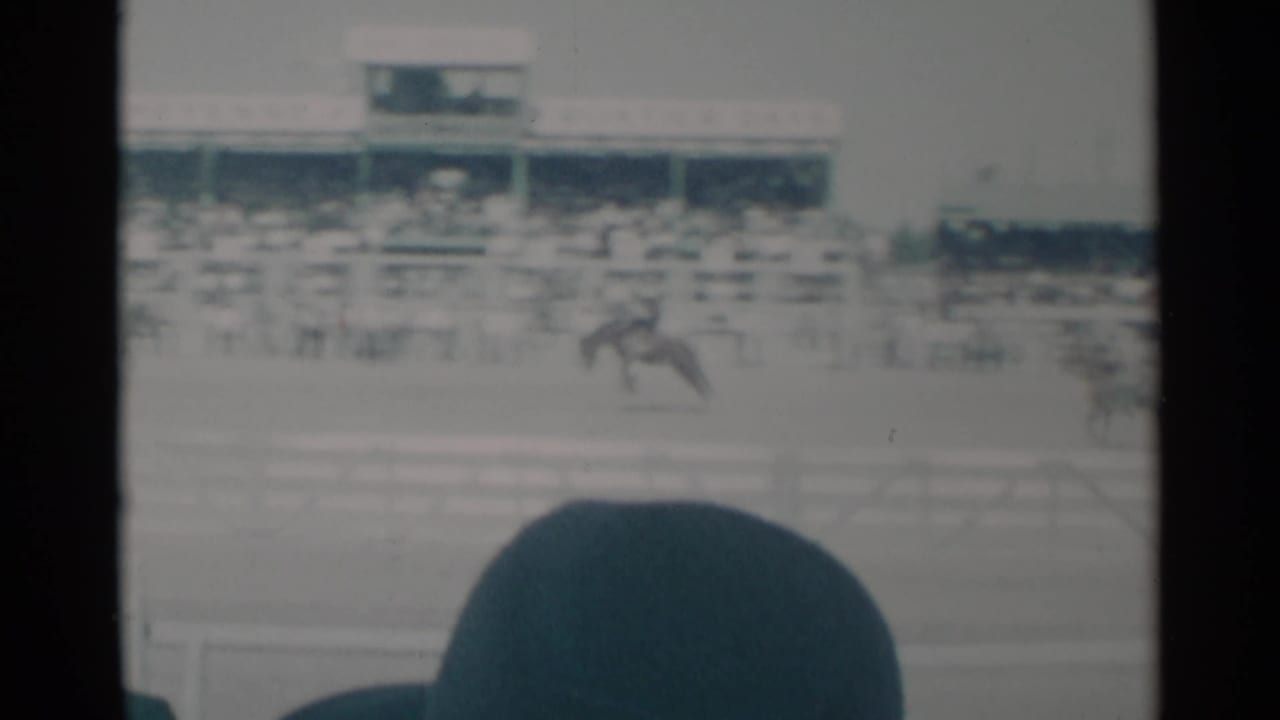 Distant rider on a bucking horse in a rodeo arena with grandstands behind.