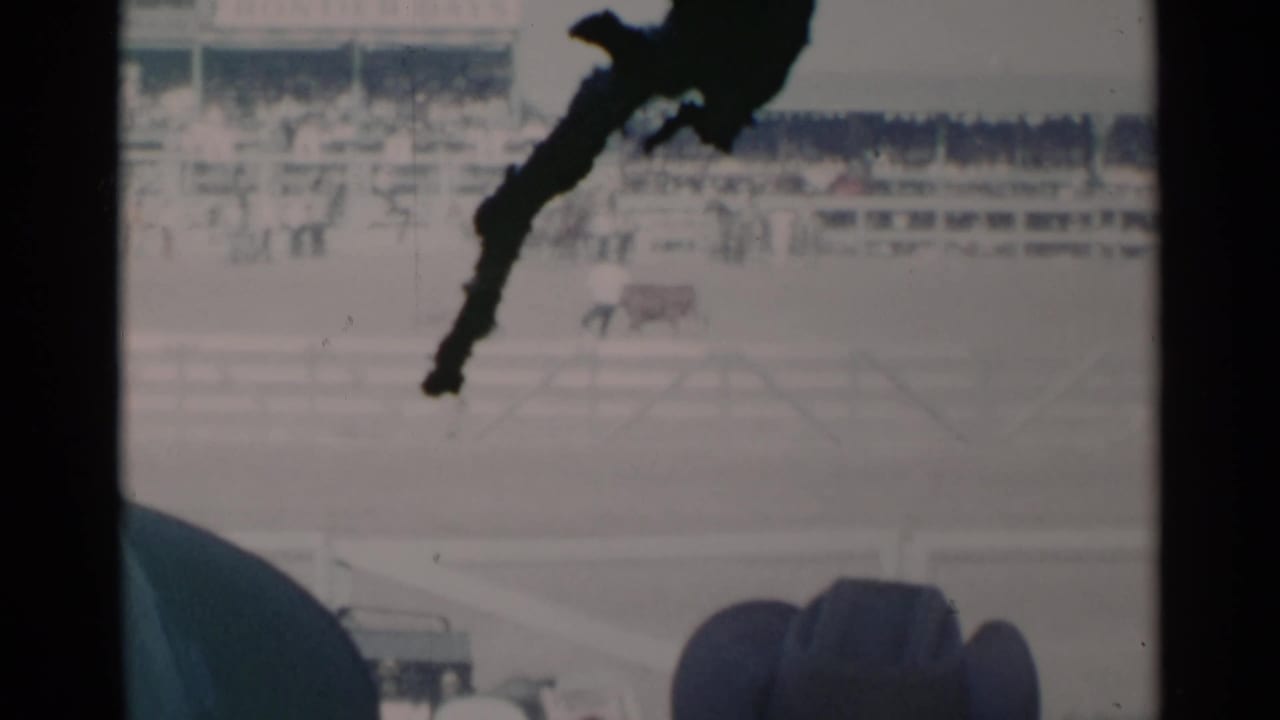 Rodeo arena with distant livestock and spectators, partly obscured by a dark vertical shape.