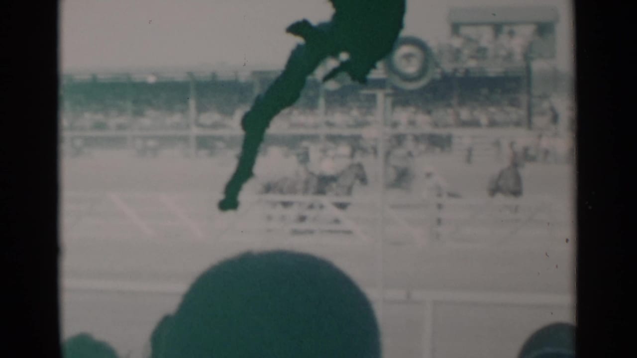 A horse and rider pass through the arena with bleachers, spectators, and foreground silhouettes visible.