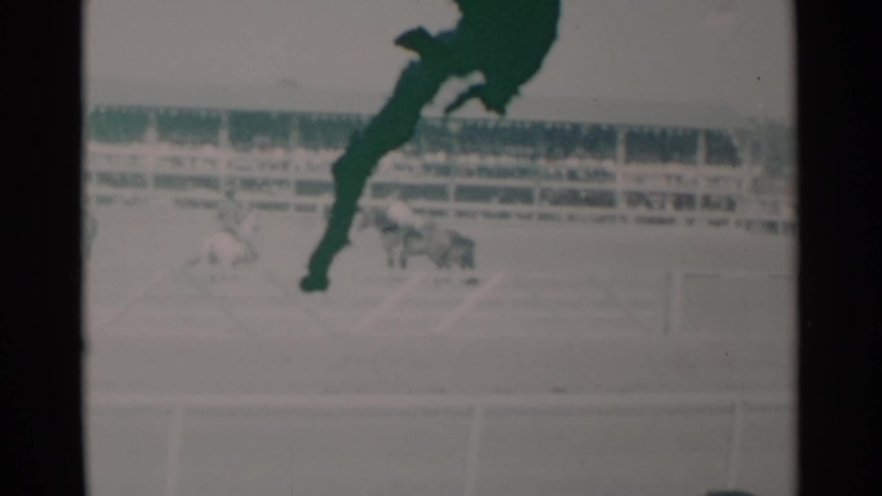 Horse race in a dusty arena with bleachers behind and a dark object crossing the foreground.