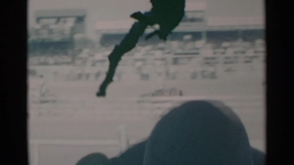 The final frame shows a soft, handheld view of a Cheyenne rodeo arena with a rider, spectators, signage, and foreground head silhouette.