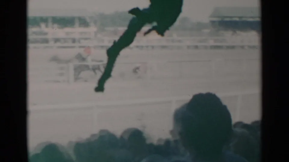 From the spectator stands, the 1960 Cheyenne footage shows a horse and rider moving past railings with foreground heads at the bottom.