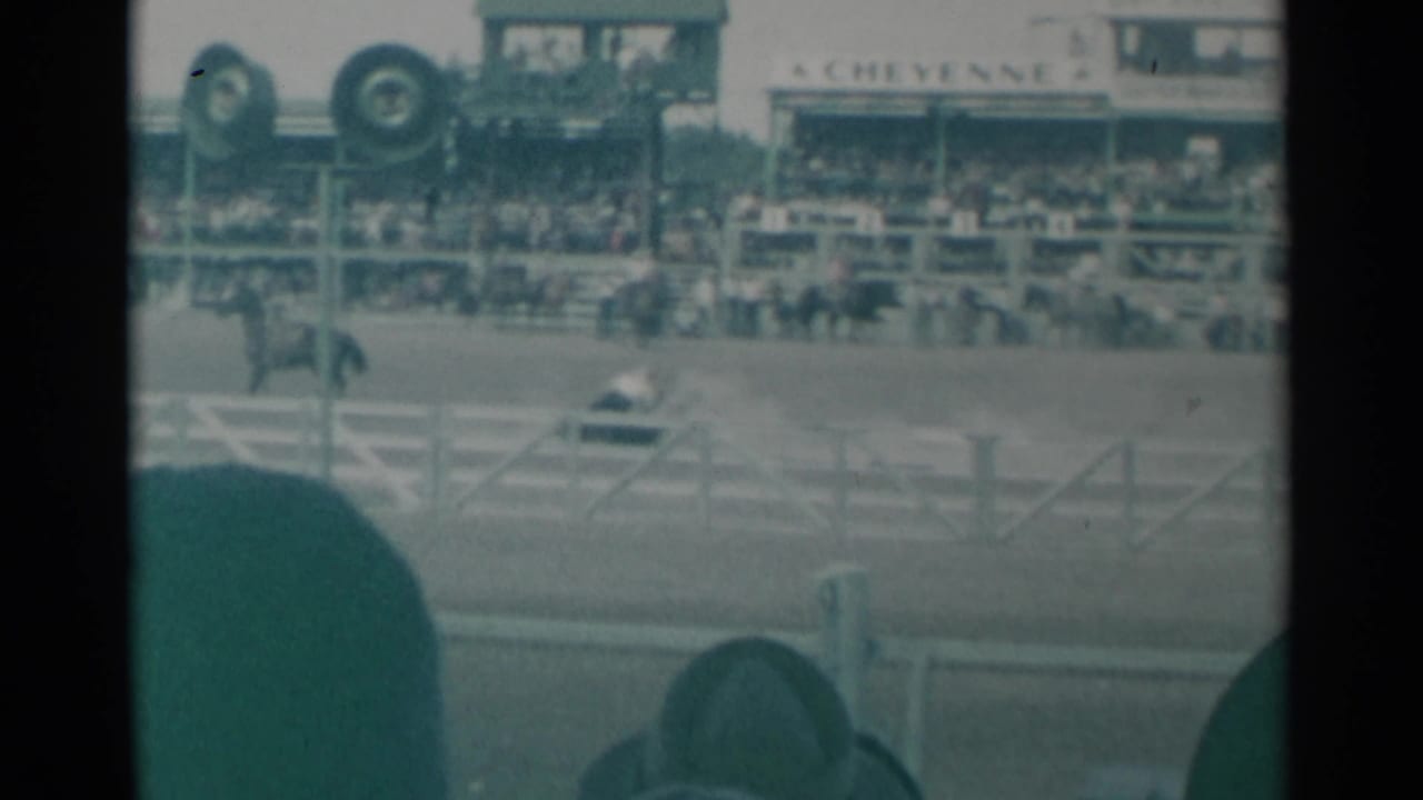 Rider and calf in a rodeo arena with Cheyenne signage behind the stands.