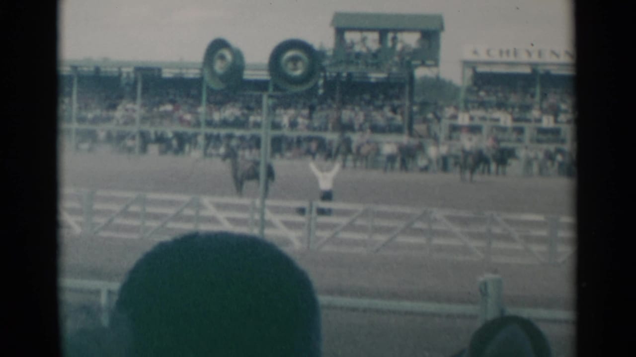 Mounted rider in an arena with raised arms near horses, railings, grandstand, and foreground spectators.
