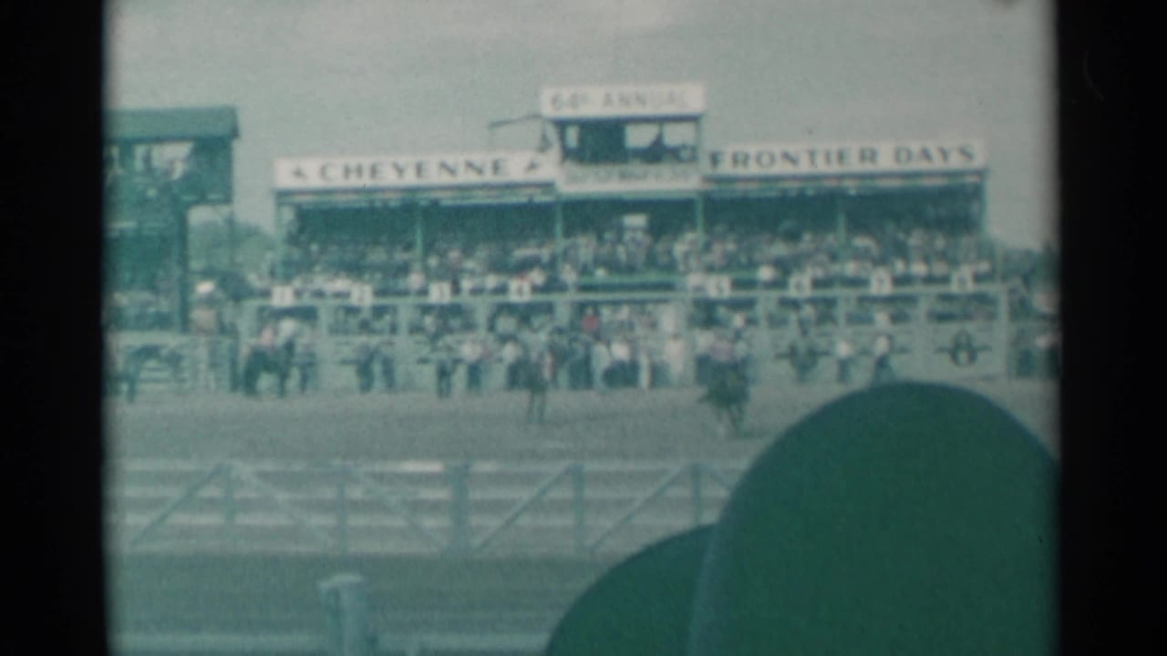 Cowboy on horseback in a rodeo arena with grandstand spectators and signage behind him.