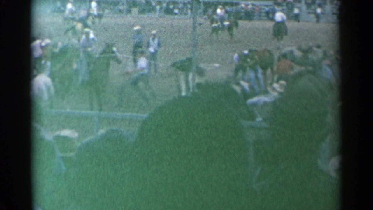 At Cheyenne Frontier Days, riders and ground crew appear around a horse in the arena while the crowd watches from behind the rail.
