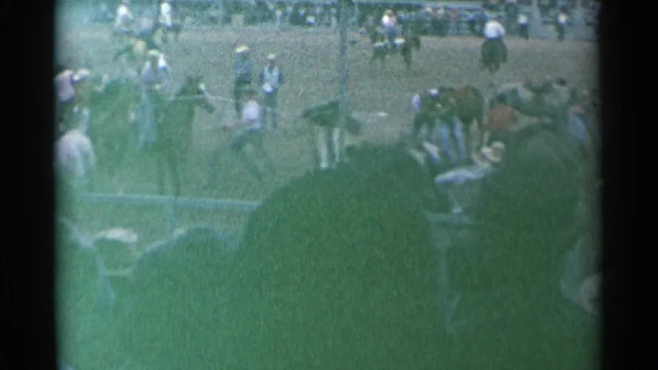 At Cheyenne Frontier Days, riders and ground crew appear around a horse in the arena while the crowd watches from behind the rail.