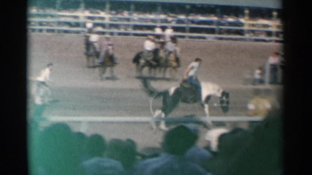 Rider on a bucking horse near the arena rail as spectators watch from the foreground and bleachers.
