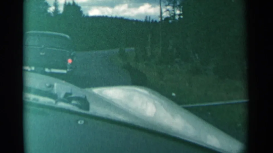 Windshield-level 1961 road-trip footage shows a car hood and dashboard following another vehicle through a wooded Wyoming landscape.