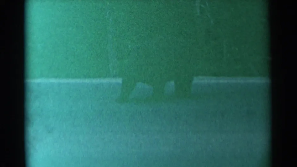 Green-tinted 1961 Cheyenne home-movie frame showing an indistinct low form near a horizontal field boundary at night.